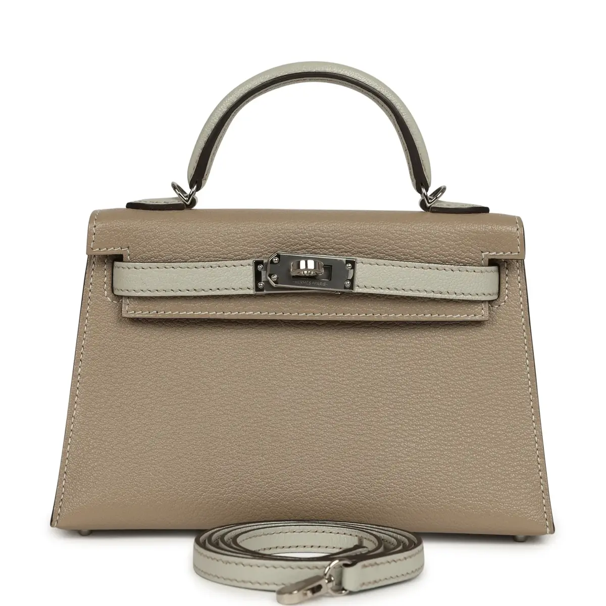 HERMÈS Hermes Special Order (HSS) Kelly Sellier 20 Gris Tourterelle, Gris Perle Chevre Mysore Palladium Hardware | Image 1 HERMÈS Hermes Special Order (HSS) Kelly Sellier 20 Gris Tourterelle, Gris Perle Chevre Mysore Palladium Hardware | Image 1