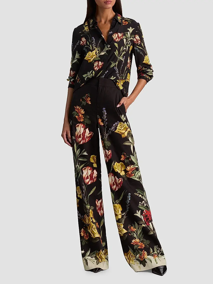 Alice + Olivia Women's Dylan Floral Linen-Blend Wide-Leg Pants | Thumbnail 2 Alice + Olivia Women's Dylan Floral Linen-Blend Wide-Leg Pants | Thumbnail 2