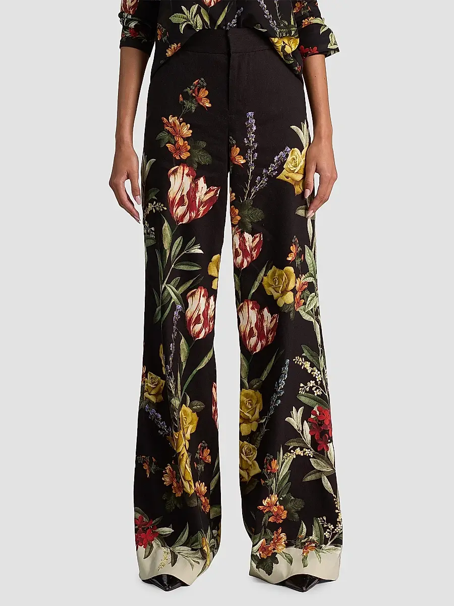 Alice + Olivia Women's Dylan Floral Linen-Blend Wide-Leg Pants | Thumbnail 4 Alice + Olivia Women's Dylan Floral Linen-Blend Wide-Leg Pants | Thumbnail 4