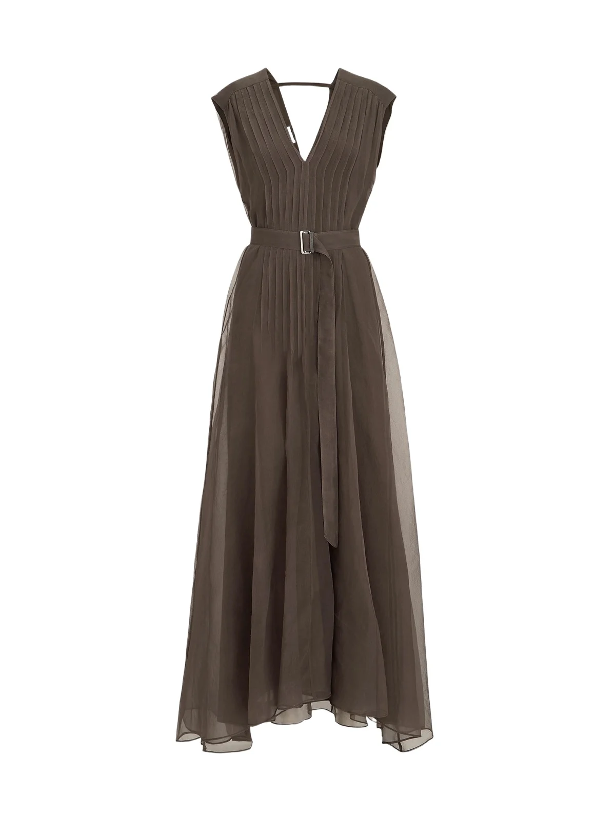 Brunello Cucinelli Women's Crispy Silk Belted Dress with Pleated Detail and Precious Strap - Chocolate