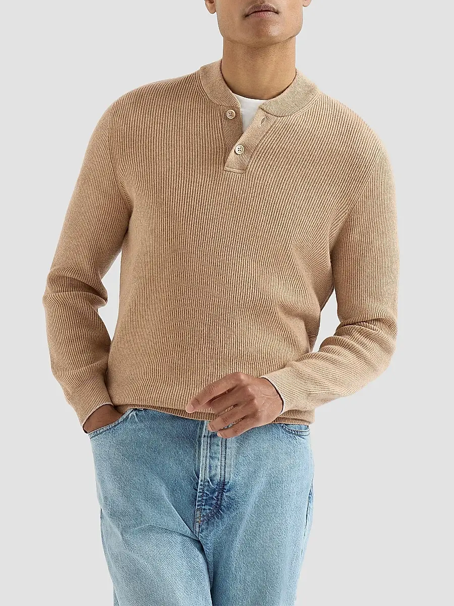 Brunello Cucinelli Men's Cashmere English Rib Sweater with Henley Collar - Camel | Thumbnail 2 Brunello Cucinelli Men's Cashmere English Rib Sweater with Henley Collar - Camel | Thumbnail 2