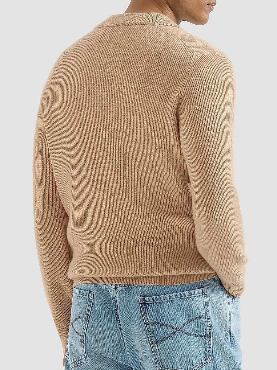 Brunello Cucinelli Men's Cashmere English Rib Sweater with Henley Collar - Camel | Thumbnail 3 Brunello Cucinelli Men's Cashmere English Rib Sweater with Henley Collar - Camel | Thumbnail 3