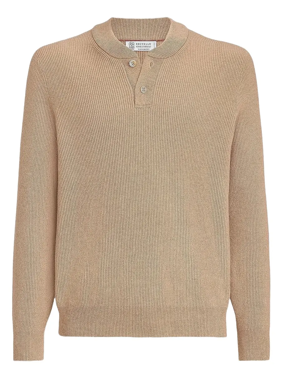 Brunello Cucinelli Men's Cashmere English Rib Sweater with Henley Collar - Camel