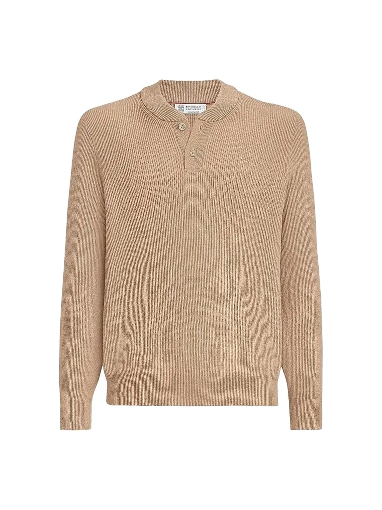 Brunello Cucinelli Men's Cashmere English Rib Sweater with Henley Collar | Image 1 Brunello Cucinelli Men's Cashmere English Rib Sweater with Henley Collar | Image 1