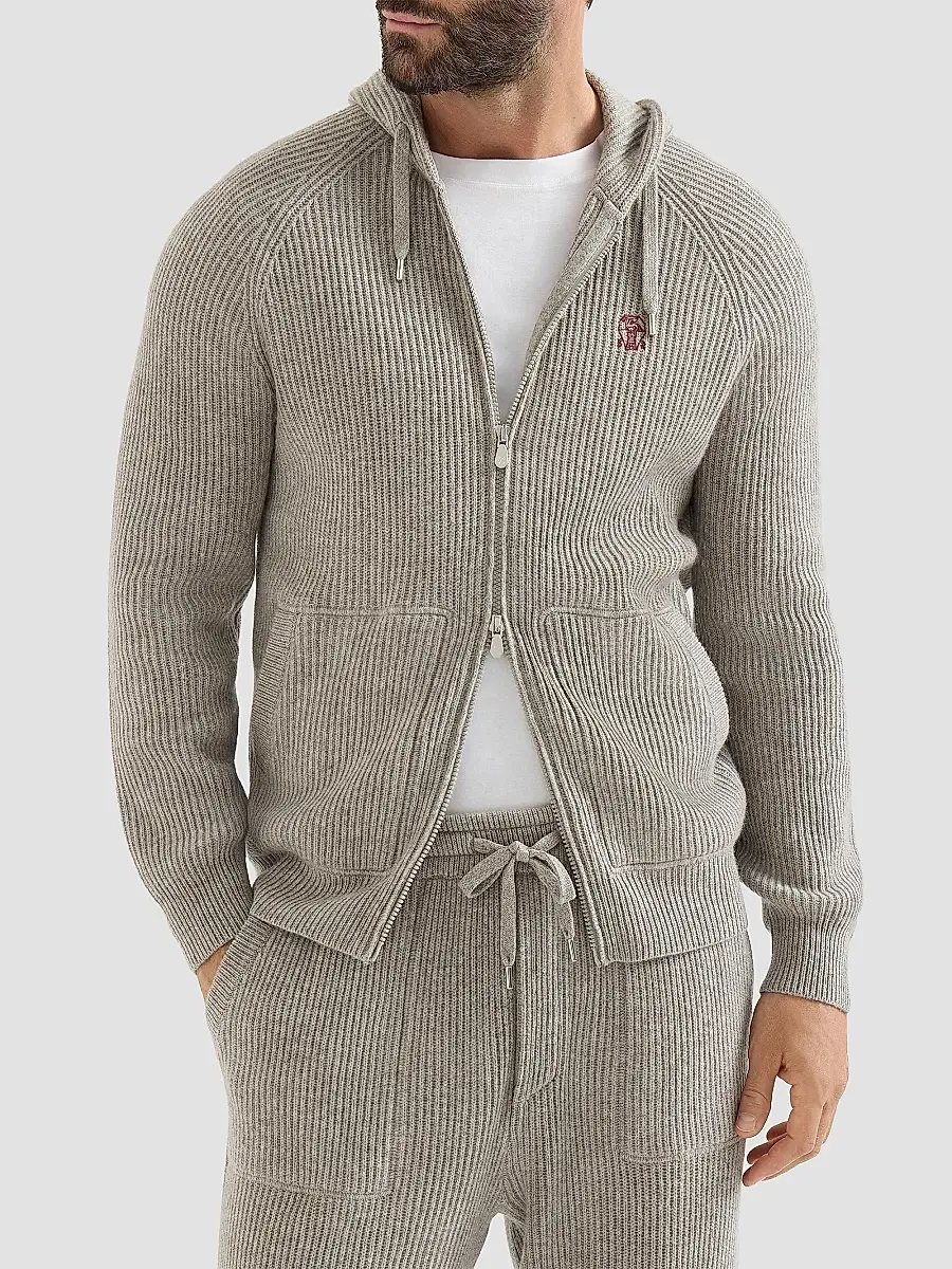 Brunello Cucinelli Men's Cashmere English Rib Hooded Knit Sweatshirt | Thumbnail 2 Brunello Cucinelli Men's Cashmere English Rib Hooded Knit Sweatshirt | Thumbnail 2