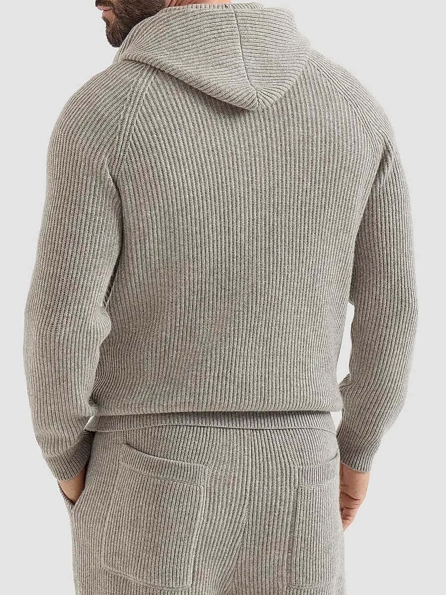 Brunello Cucinelli Men's Cashmere English Rib Hooded Knit Sweatshirt | Thumbnail 3 Brunello Cucinelli Men's Cashmere English Rib Hooded Knit Sweatshirt | Thumbnail 3