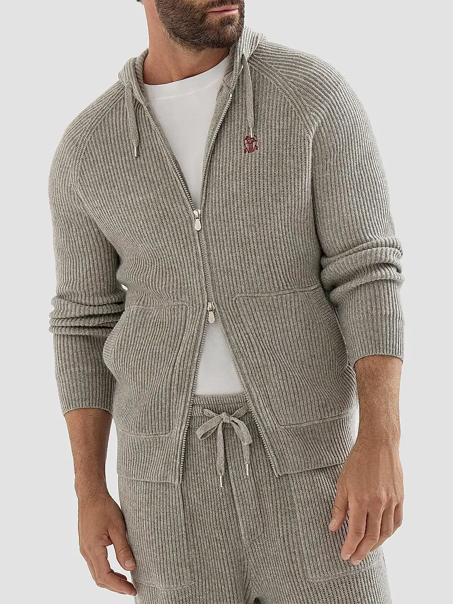 Brunello Cucinelli Men's Cashmere English Rib Hooded Knit Sweatshirt | Thumbnail 4 Brunello Cucinelli Men's Cashmere English Rib Hooded Knit Sweatshirt | Thumbnail 4
