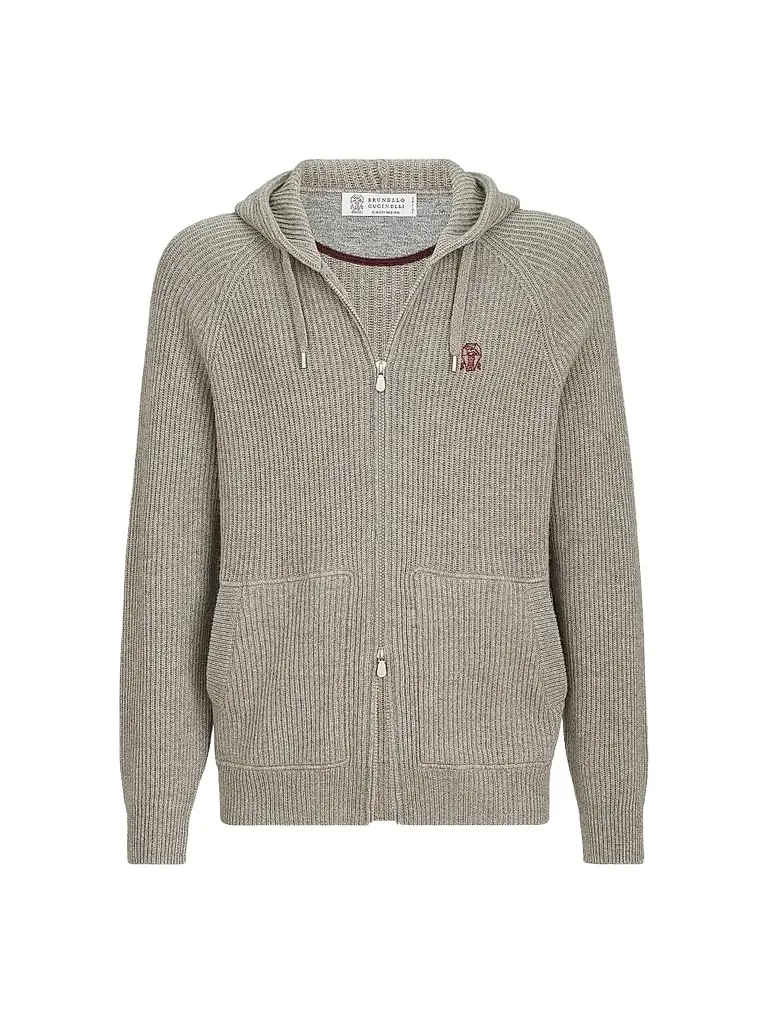 Brunello Cucinelli Men's Cashmere English Rib Hooded Knit Sweatshirt - Stone Grey | Image 1 Brunello Cucinelli Men's Cashmere English Rib Hooded Knit Sweatshirt - Stone Grey | Image 1