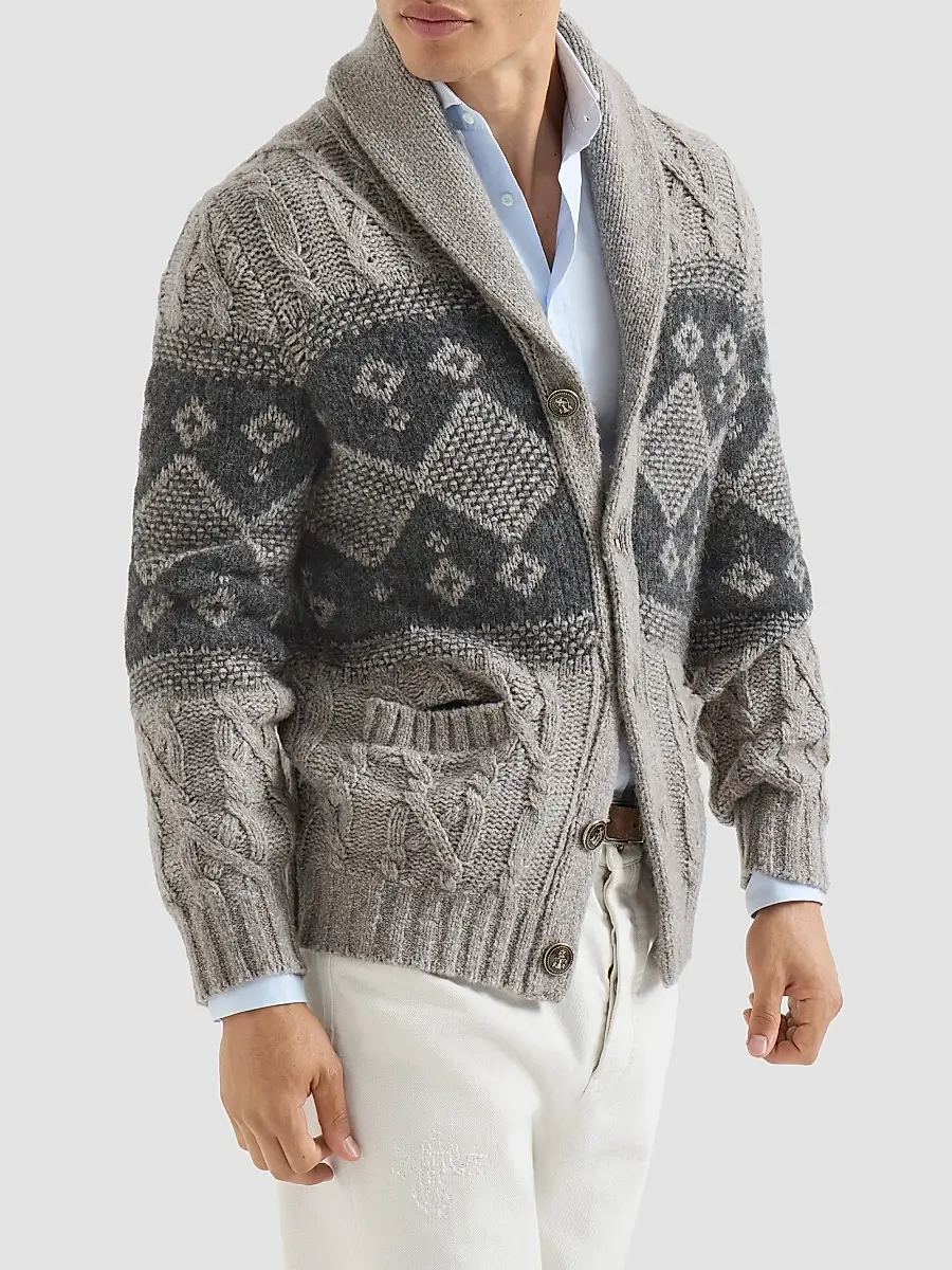Brunello Cucinelli Men's Virgin Wool, Silk and Cashmere Chiné Cable Knit Cardigan | Thumbnail 2