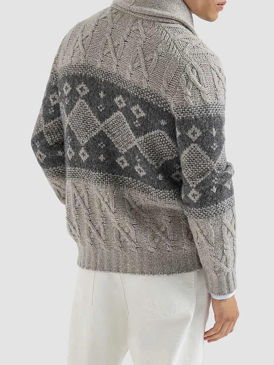 Brunello Cucinelli Men's Virgin Wool, Silk and Cashmere Chiné Cable Knit Cardigan | Thumbnail 3
