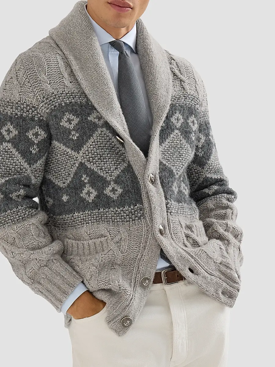Brunello Cucinelli Men's Virgin Wool, Silk and Cashmere Chiné Cable Knit Cardigan | Thumbnail 4