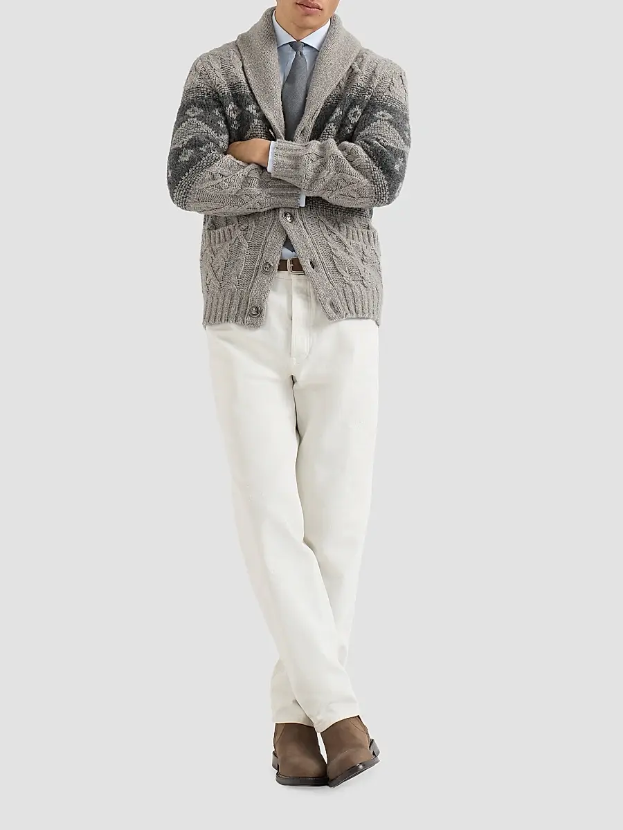 Brunello Cucinelli Men's Virgin Wool, Silk and Cashmere Chiné Cable Knit Cardigan | Thumbnail 6