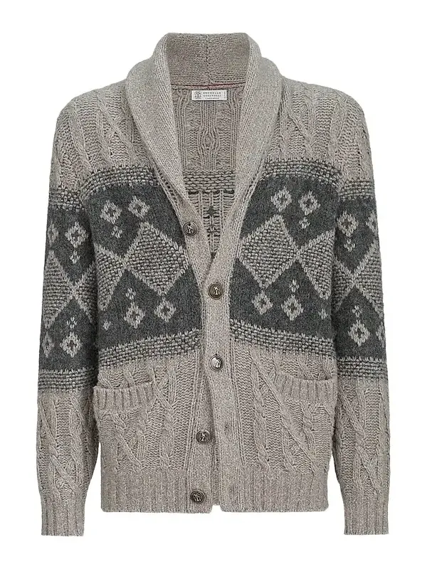 Brunello Cucinelli Men's Virgin Wool, Silk and Cashmere Chiné Cable Knit Cardigan