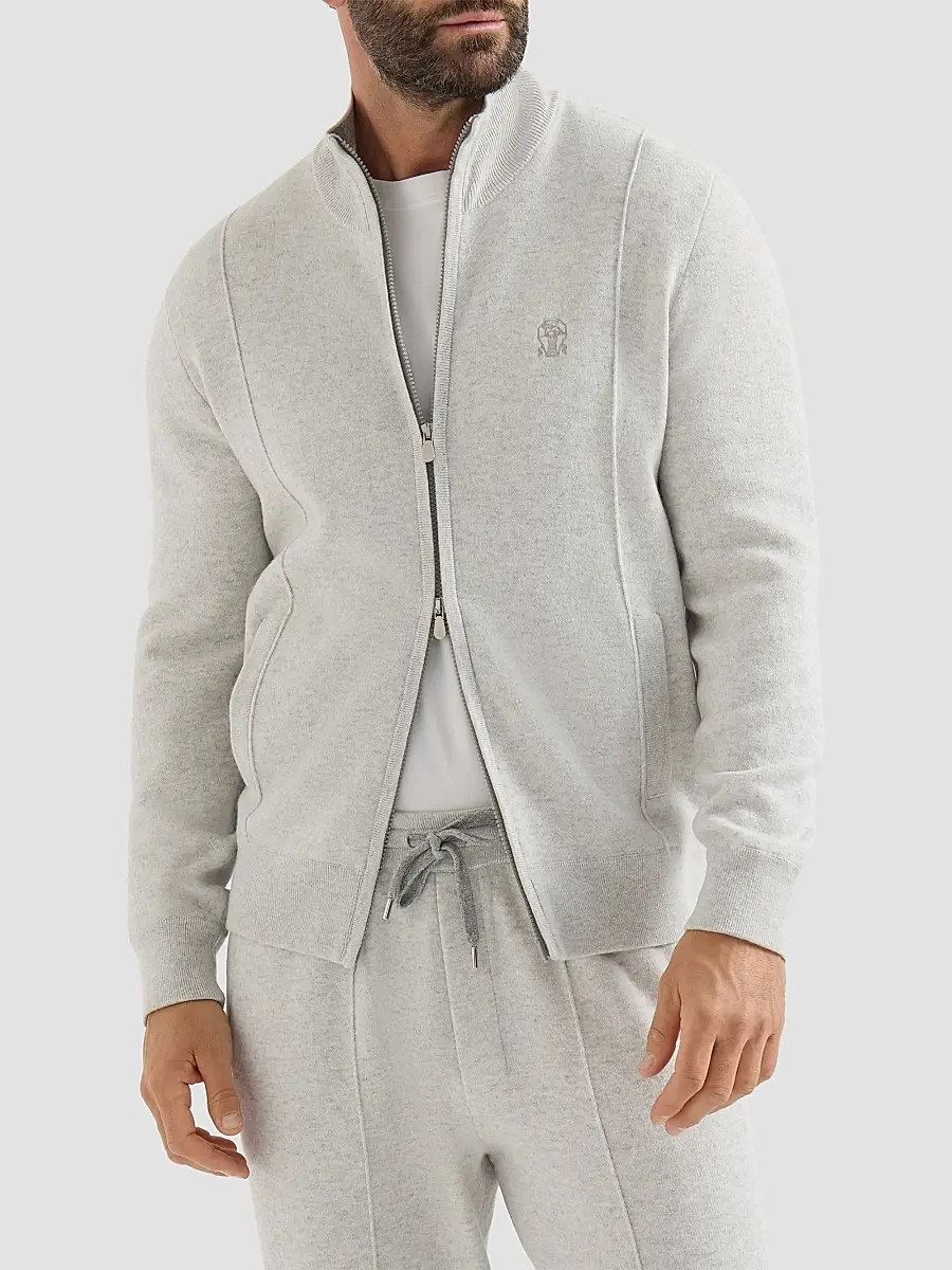Brunello Cucinelli Men's Cashmere Double Knit Cardigan with Zipper - Light Grey | Thumbnail 2