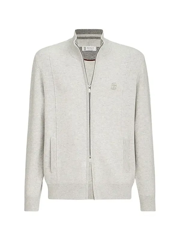 Brunello Cucinelli Men's Cashmere Double Knit Cardigan with Zipper - Light Grey
