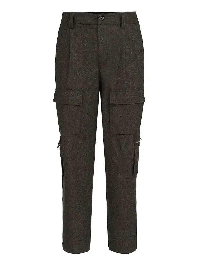 Brunello Cucinelli Men's Virgin Wool Flannel Trousers with Cargo Pockets - Brown