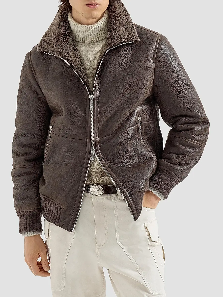 Brunello Cucinelli Men's Vintage-Effect Shearling Bomber Jacket | Thumbnail 2 Brunello Cucinelli Men's Vintage-Effect Shearling Bomber Jacket | Thumbnail 2