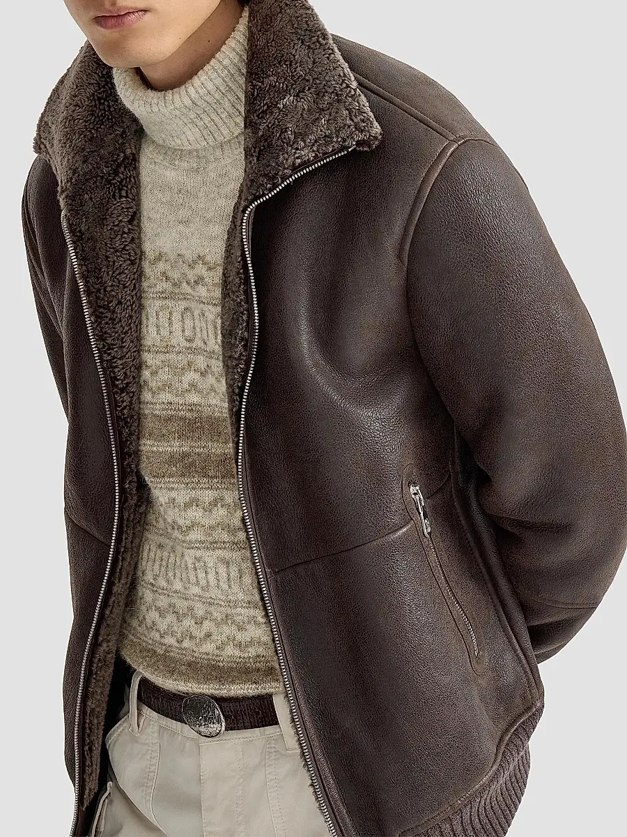 Brunello Cucinelli Men's Vintage-Effect Shearling Bomber Jacket | Thumbnail 4 Brunello Cucinelli Men's Vintage-Effect Shearling Bomber Jacket | Thumbnail 4
