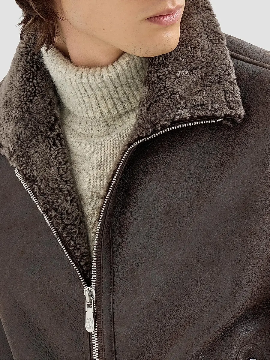 Brunello Cucinelli Men's Vintage-Effect Shearling Bomber Jacket | Thumbnail 5 Brunello Cucinelli Men's Vintage-Effect Shearling Bomber Jacket | Thumbnail 5