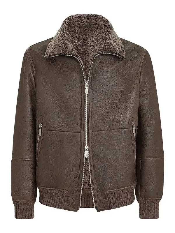 Brunello Cucinelli Men's Vintage-Effect Shearling Bomber Jacket