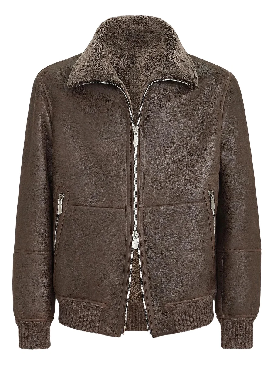 Brunello Cucinelli Men's Vintage-Effect Shearling Bomber Jacket