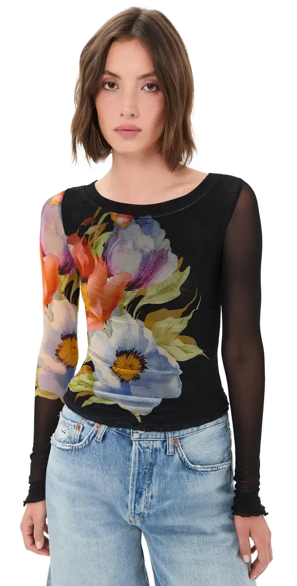 Free People Lilly Printed Long Sleeve Tee Black Combo | Image 1 Free People Lilly Printed Long Sleeve Tee Black Combo | Image 1