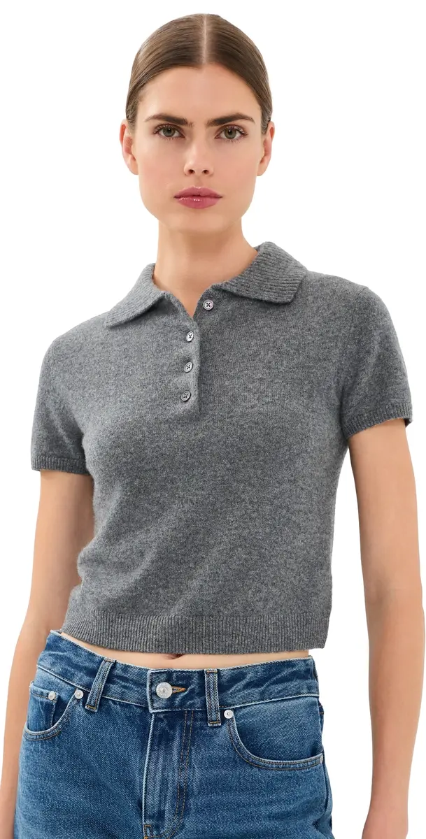 Simkhai Twila Cashmere Polo Top Heather Grey | Image 1 Simkhai Twila Cashmere Polo Top Heather Grey | Image 1