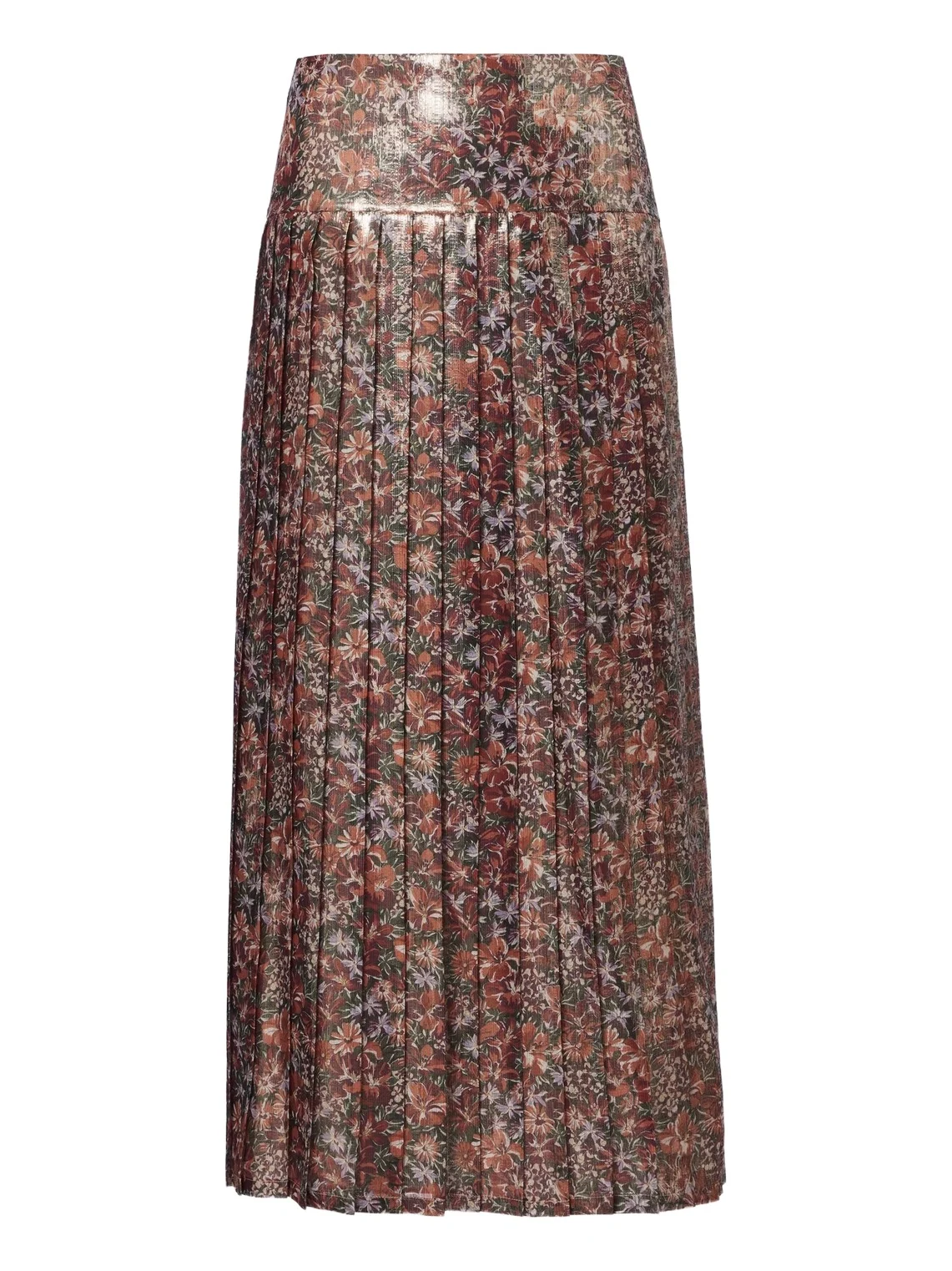 Floral pleated silk-blend lamé midi skirt