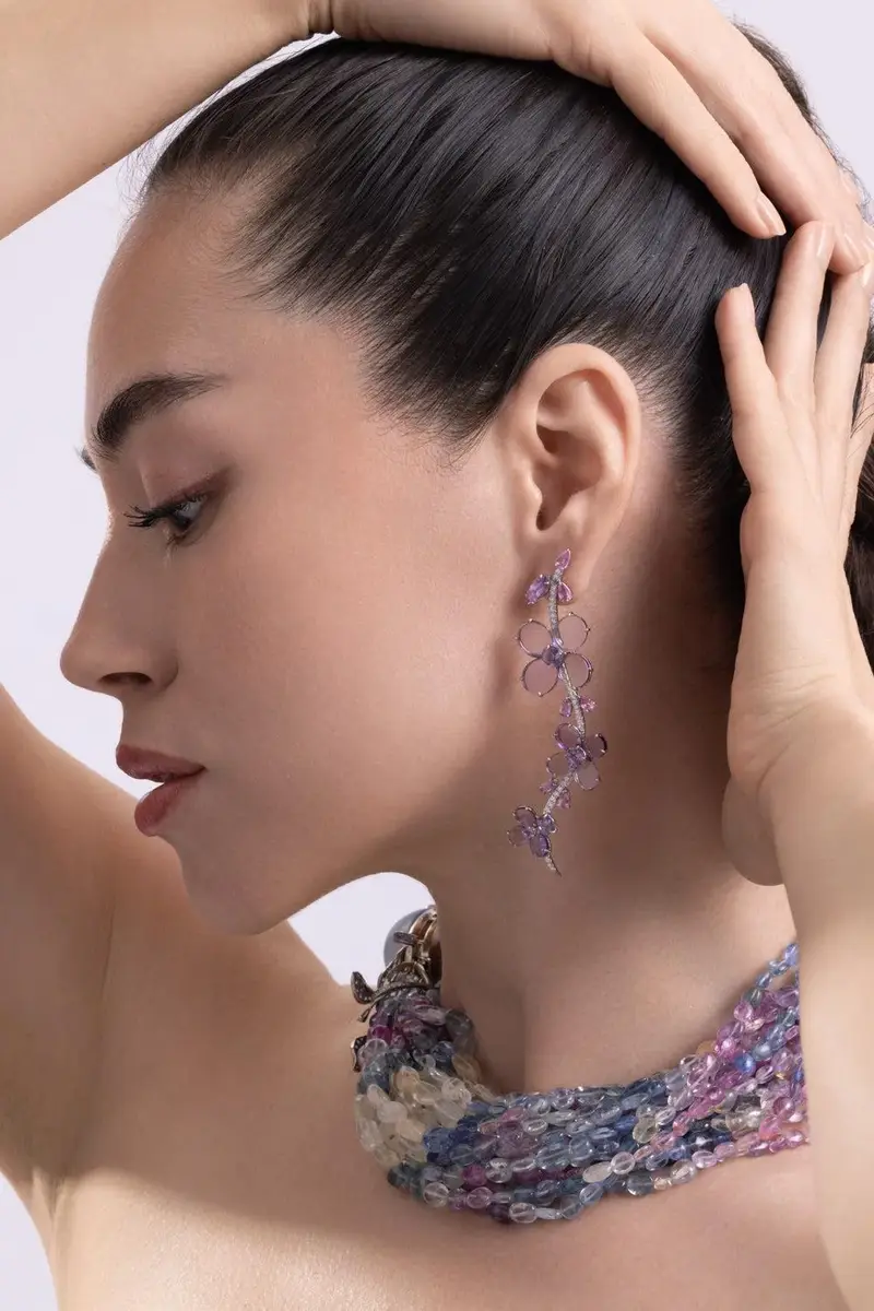 CICADA Amethyst Sapphire Diamond Flower Earrings | Thumbnail 2 CICADA Amethyst Sapphire Diamond Flower Earrings | Thumbnail 2