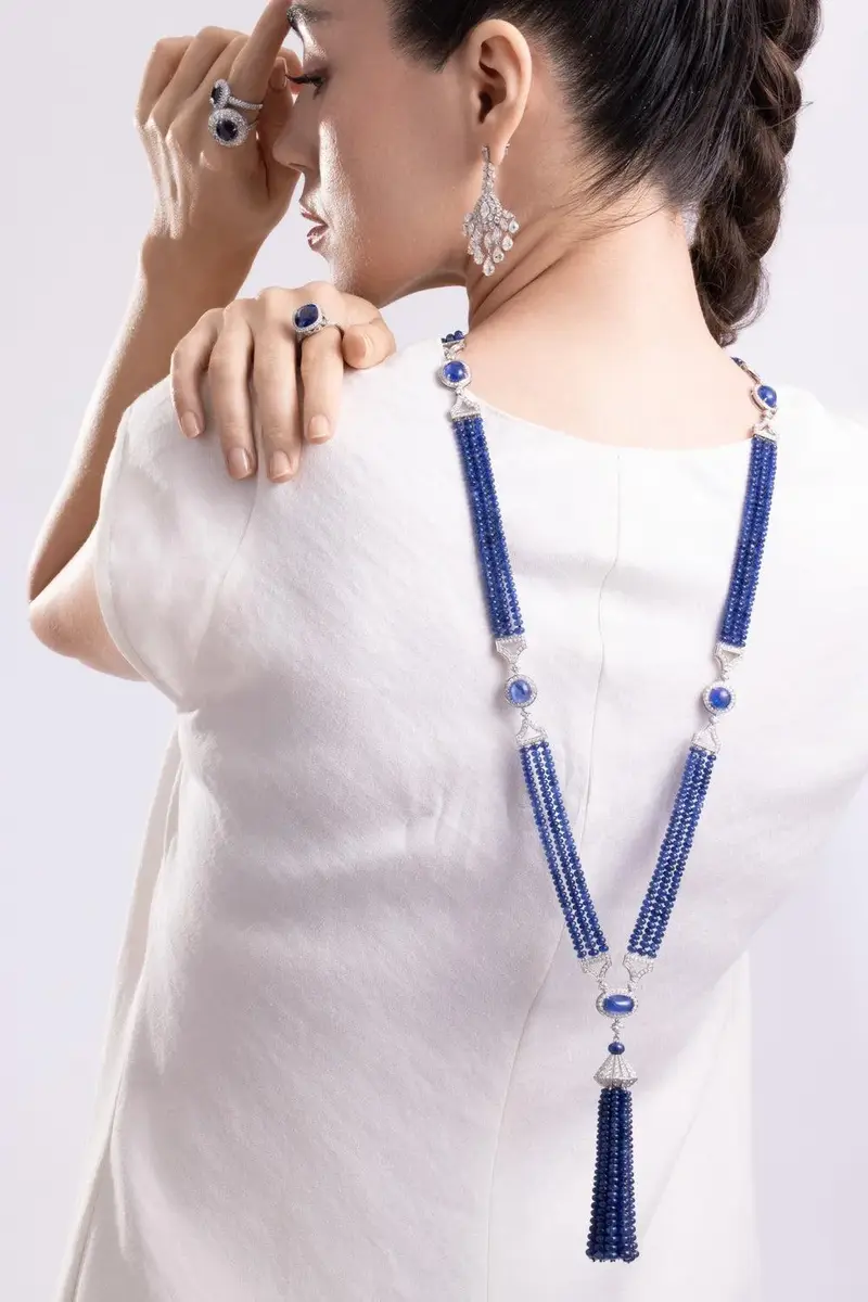 CICADA Blue Sapphire Diamond Beaded Tassel Necklace | Thumbnail 3