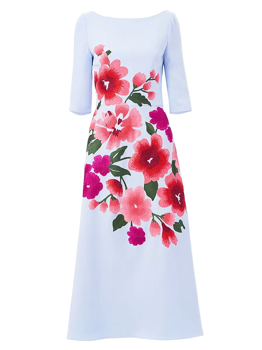 Carolina Herrera Women's Embroidered Boatneck Elbow-Sleeve Midi-Dress - Celeste Multi | Image 1 Carolina Herrera Women's Embroidered Boatneck Elbow-Sleeve Midi-Dress - Celeste Multi | Image 1