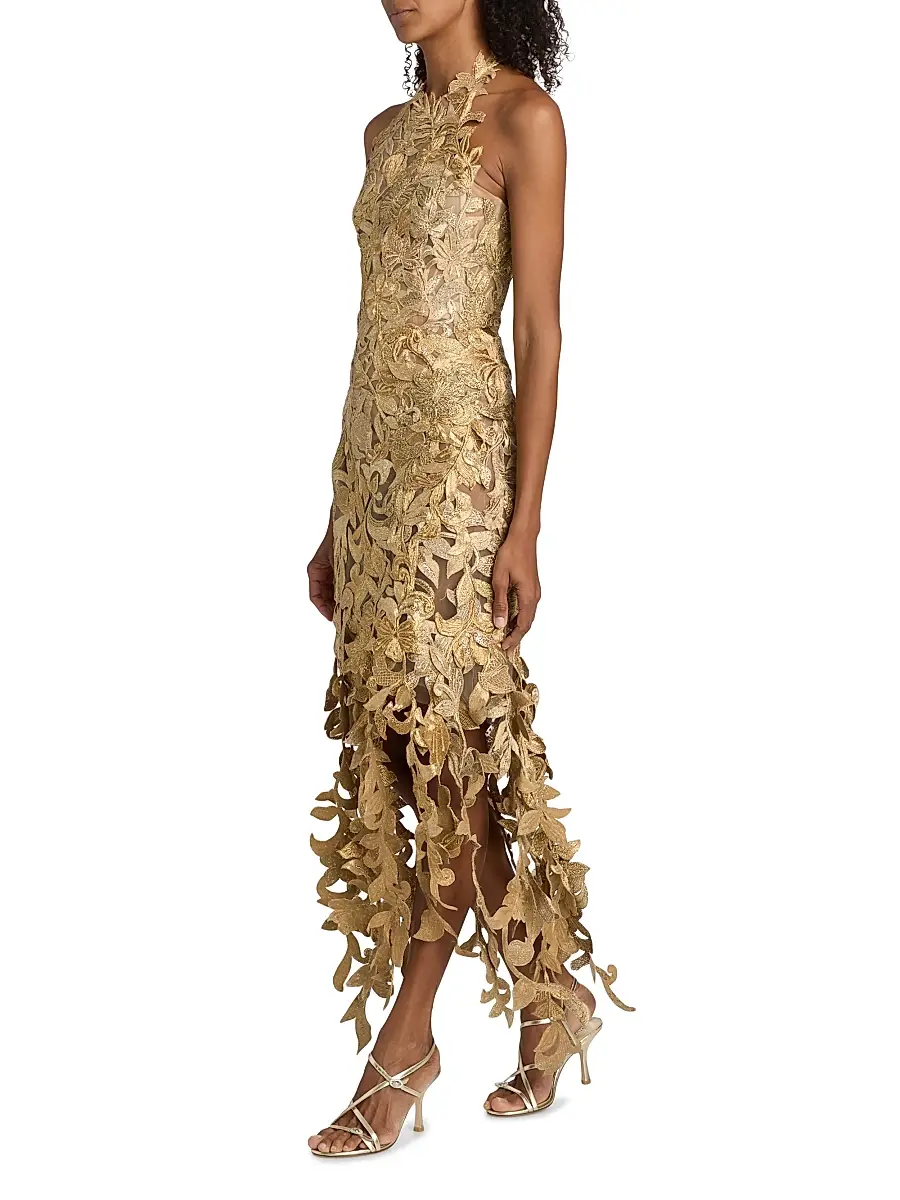 Oscar de la Renta Women's Corded Floral Embroidered Halterneck Gown | Thumbnail 2 Oscar de la Renta Women's Corded Floral Embroidered Halterneck Gown | Thumbnail 2