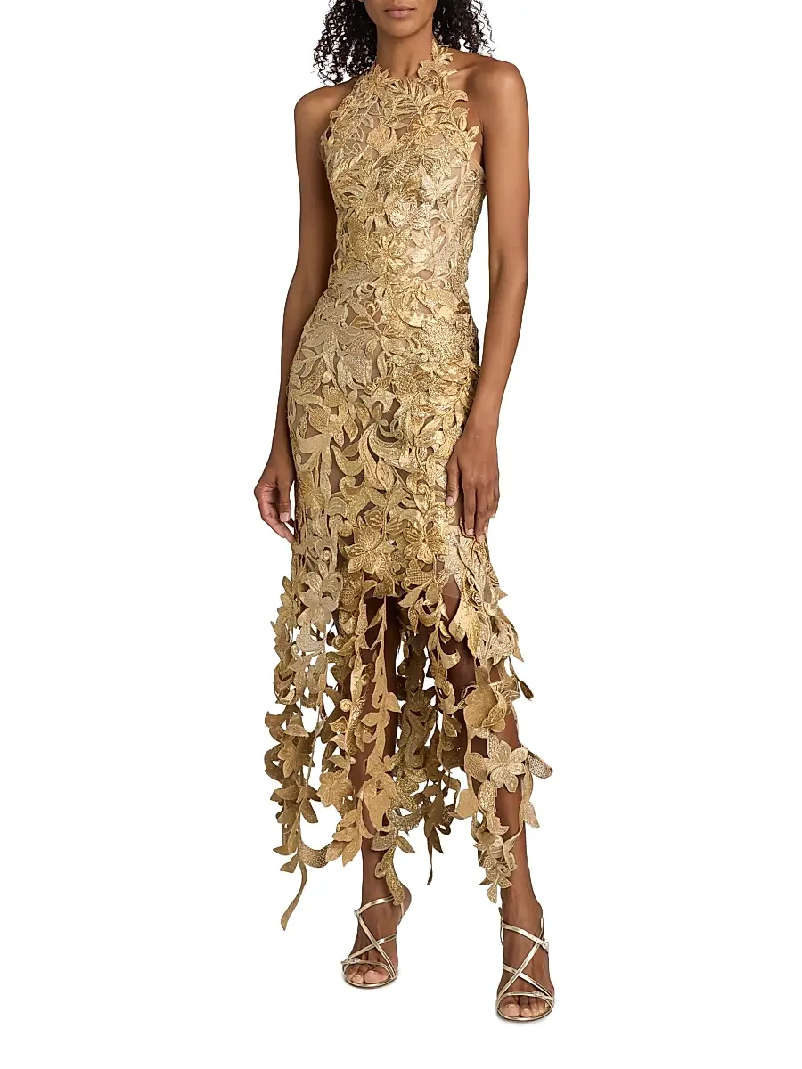 Oscar de la Renta Women's Corded Floral Embroidered Halterneck Gown | Thumbnail 3 Oscar de la Renta Women's Corded Floral Embroidered Halterneck Gown | Thumbnail 3