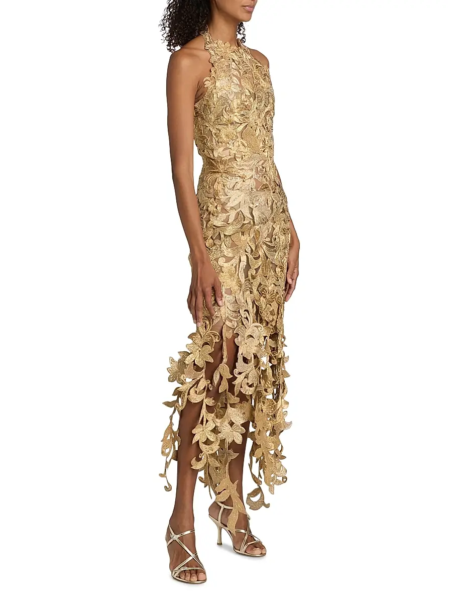 Oscar de la Renta Women's Corded Floral Embroidered Halterneck Gown | Thumbnail 4 Oscar de la Renta Women's Corded Floral Embroidered Halterneck Gown | Thumbnail 4