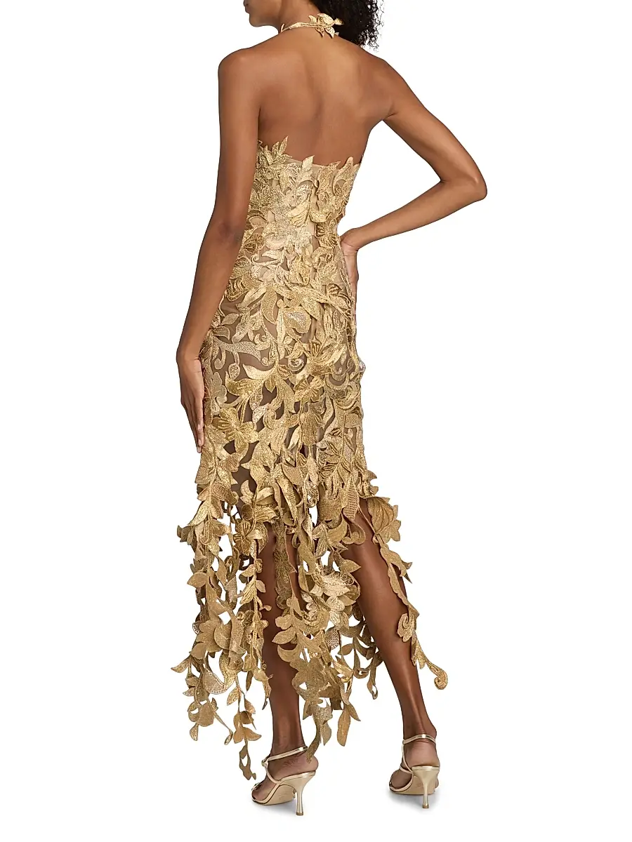 Oscar de la Renta Women's Corded Floral Embroidered Halterneck Gown | Thumbnail 5 Oscar de la Renta Women's Corded Floral Embroidered Halterneck Gown | Thumbnail 5