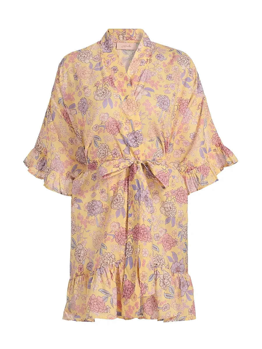 Papinelle Women's Karolina Floral Frill Robe - Golden Haze | Image 1 Papinelle Women's Karolina Floral Frill Robe - Golden Haze | Image 1