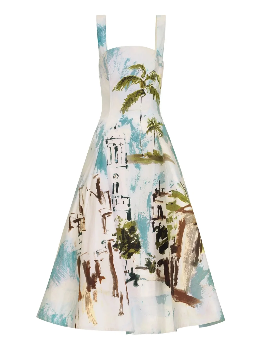 Oscar de la Renta Dominican Landscape Cotton Poplin Sleeveless Dress