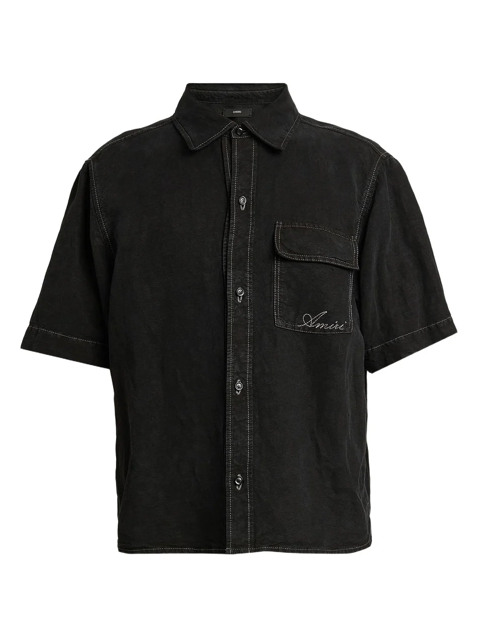 Men's Script Logo Linen-Blend Shirt Men's Script Logo Linen-Blend Shirt