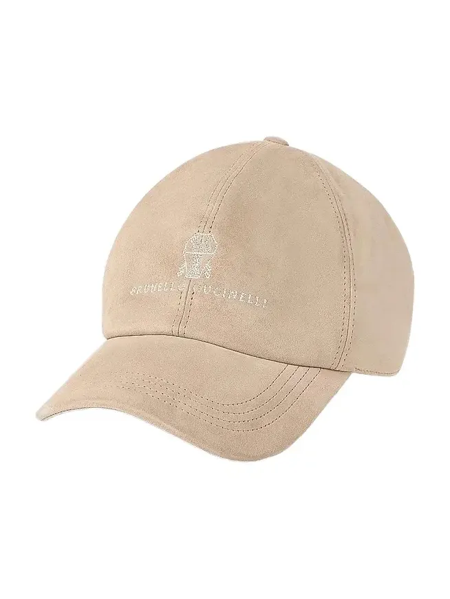 Brunello Cucinelli Men's Suede Baseball Cap with Embroidered Logo - Tobacco