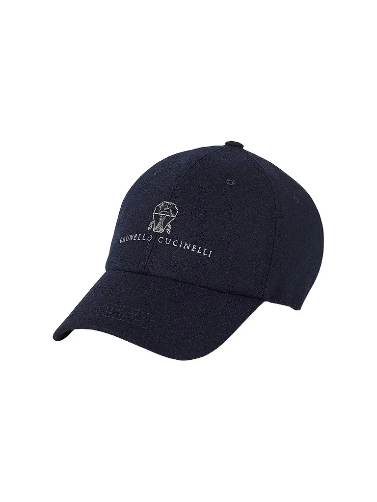 Brunello Cucinelli Men's Virgin Wool Flannel Baseball Cap with Embroidered Logo - Navy Blue