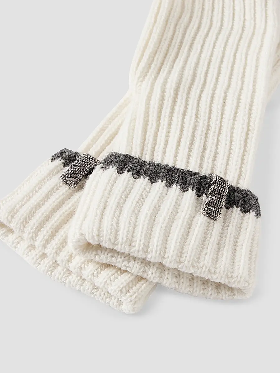 Brunello Cucinelli Women's Cashmere English Rib Knit Mittens with Monili - Panama | Thumbnail 3 Brunello Cucinelli Women's Cashmere English Rib Knit Mittens with Monili - Panama | Thumbnail 3