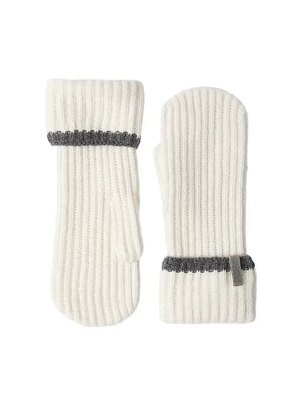 Brunello Cucinelli Women's Cashmere English Rib Knit Mittens with Monili - Panama
