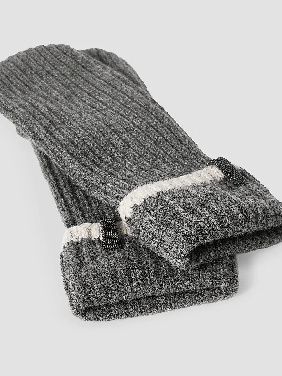 Brunello Cucinelli Women's Cashmere English Rib Knit Mittens with Monili - Lead | Thumbnail 3 Brunello Cucinelli Women's Cashmere English Rib Knit Mittens with Monili - Lead | Thumbnail 3