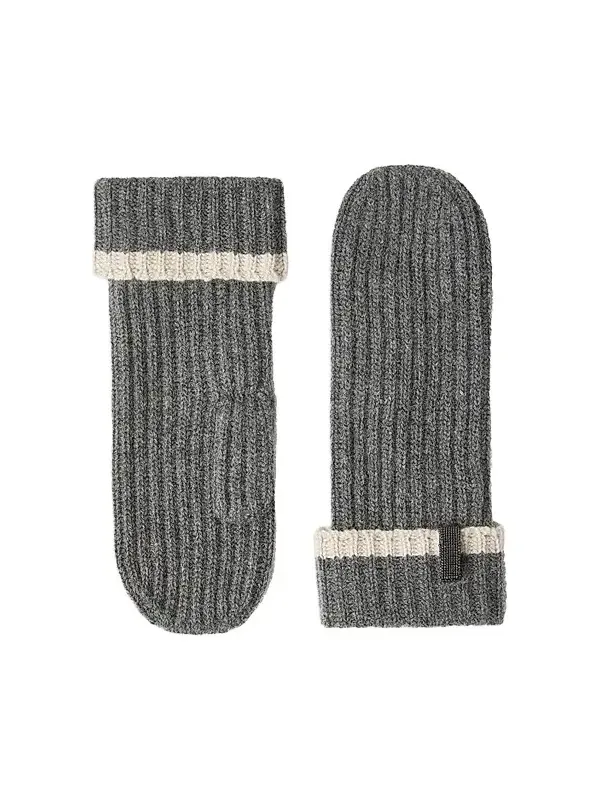 Brunello Cucinelli Women's Cashmere English Rib Knit Mittens with Monili - Lead