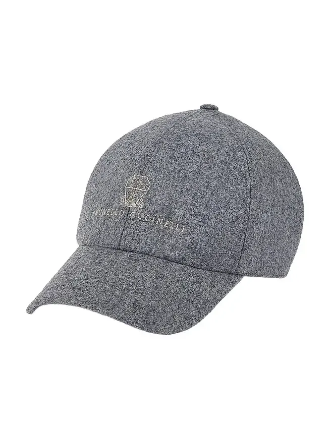 Brunello Cucinelli Men's Virgin Wool Flannel Baseball Cap with Embroidered Logo - Medium Grey