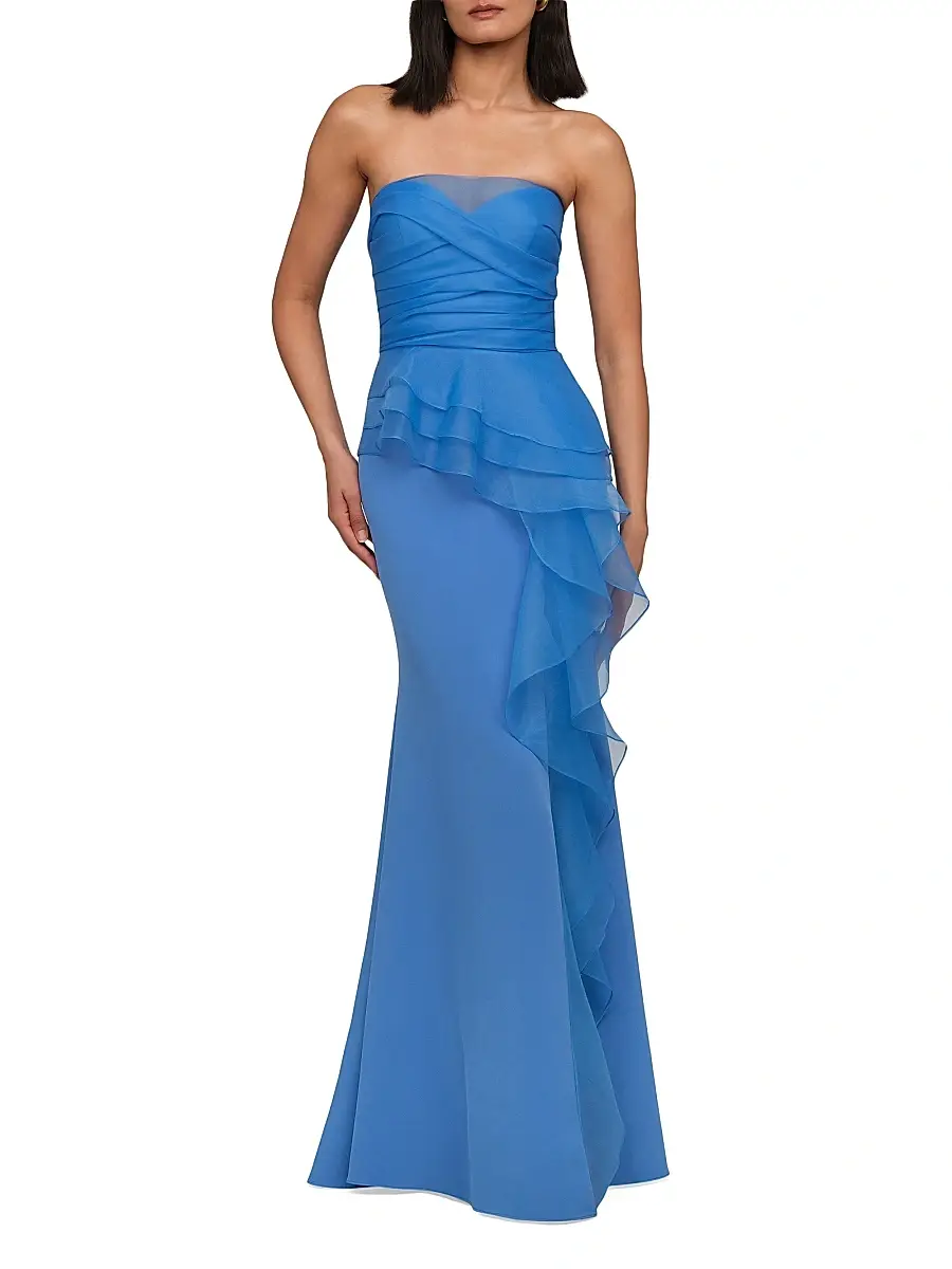 Theia Women's Morgan Organza-Ruffle Crepe Gown - Ocean Breeze Blue | Image 1 Theia Women's Morgan Organza-Ruffle Crepe Gown - Ocean Breeze Blue | Image 1