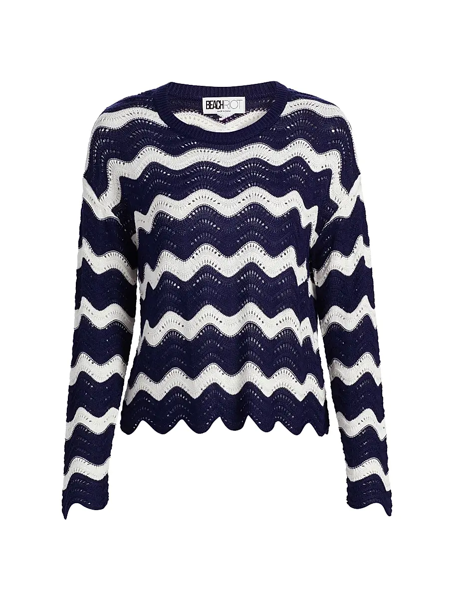 BEACH RIOT Women's Beach Chevron Sweater - Navy And White Tides - Size Large | Image 1 BEACH RIOT Women's Beach Chevron Sweater - Navy And White Tides - Size Large | Image 1