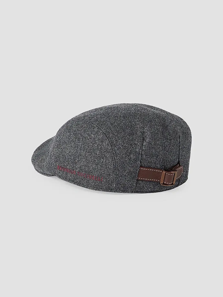 Brunello Cucinelli Men's Virgin Wool Flannel Flat Cap with Embroidered Logo | Thumbnail 2 Brunello Cucinelli Men's Virgin Wool Flannel Flat Cap with Embroidered Logo | Thumbnail 2