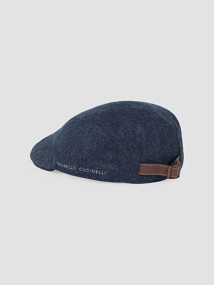 Brunello Cucinelli Men's Virgin Wool Flannel Flat Cap with Embroidered Logo | Thumbnail 2 Brunello Cucinelli Men's Virgin Wool Flannel Flat Cap with Embroidered Logo | Thumbnail 2