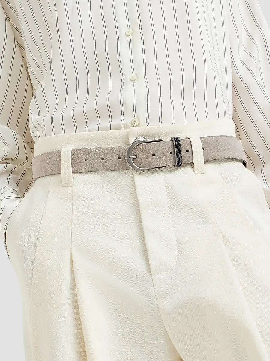 Brunello Cucinelli Women's Suede Belt with Monili - Light Grey | Thumbnail 3